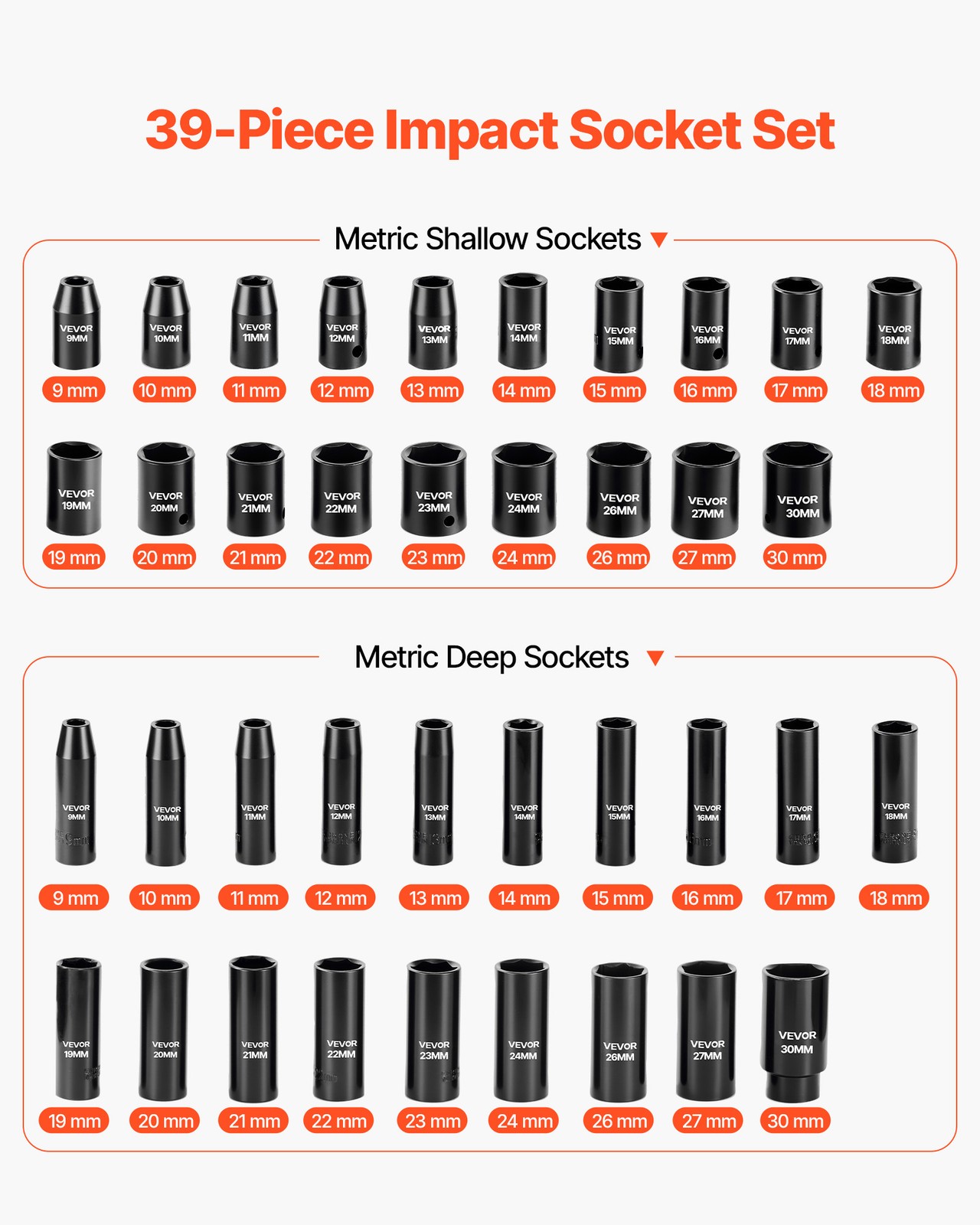 VEVOR 1/2 in Drive Impact Socket Set 39 Pcs Deep Shallow Sockets Metric 9-30 mm