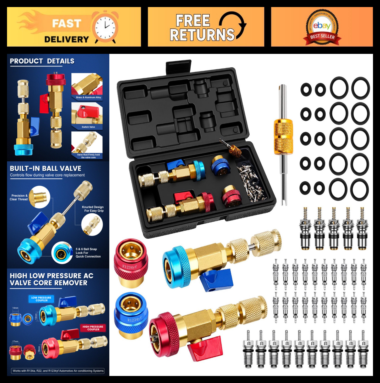 60pcs Schrader Valve Core Removal Tool Kit for R134A R1234YF R22 – High Low Pres