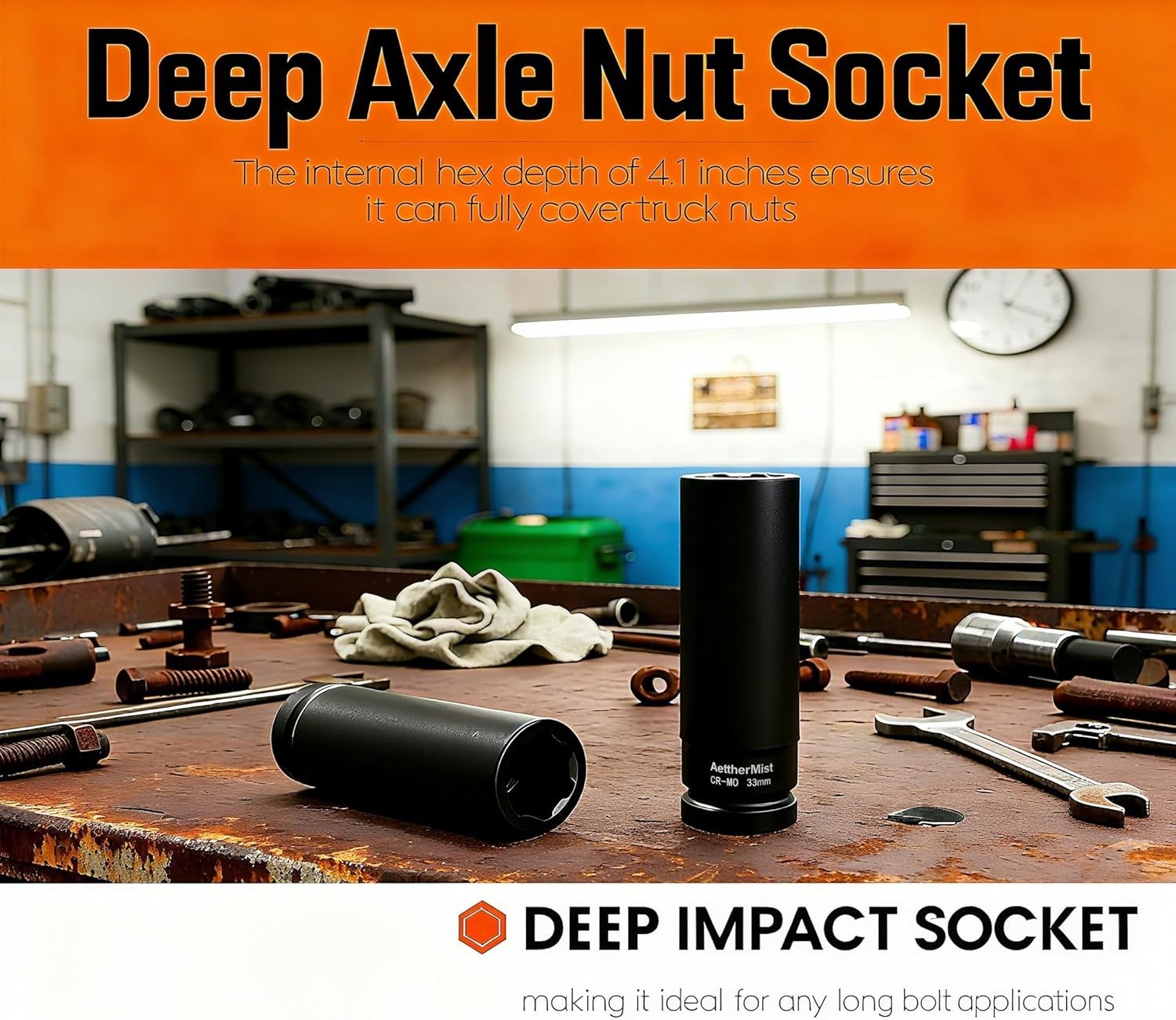 1 Inch Driver 33mm Extra Deep Impact Socket, 6.3 inch Length Deep Axle Nut So…