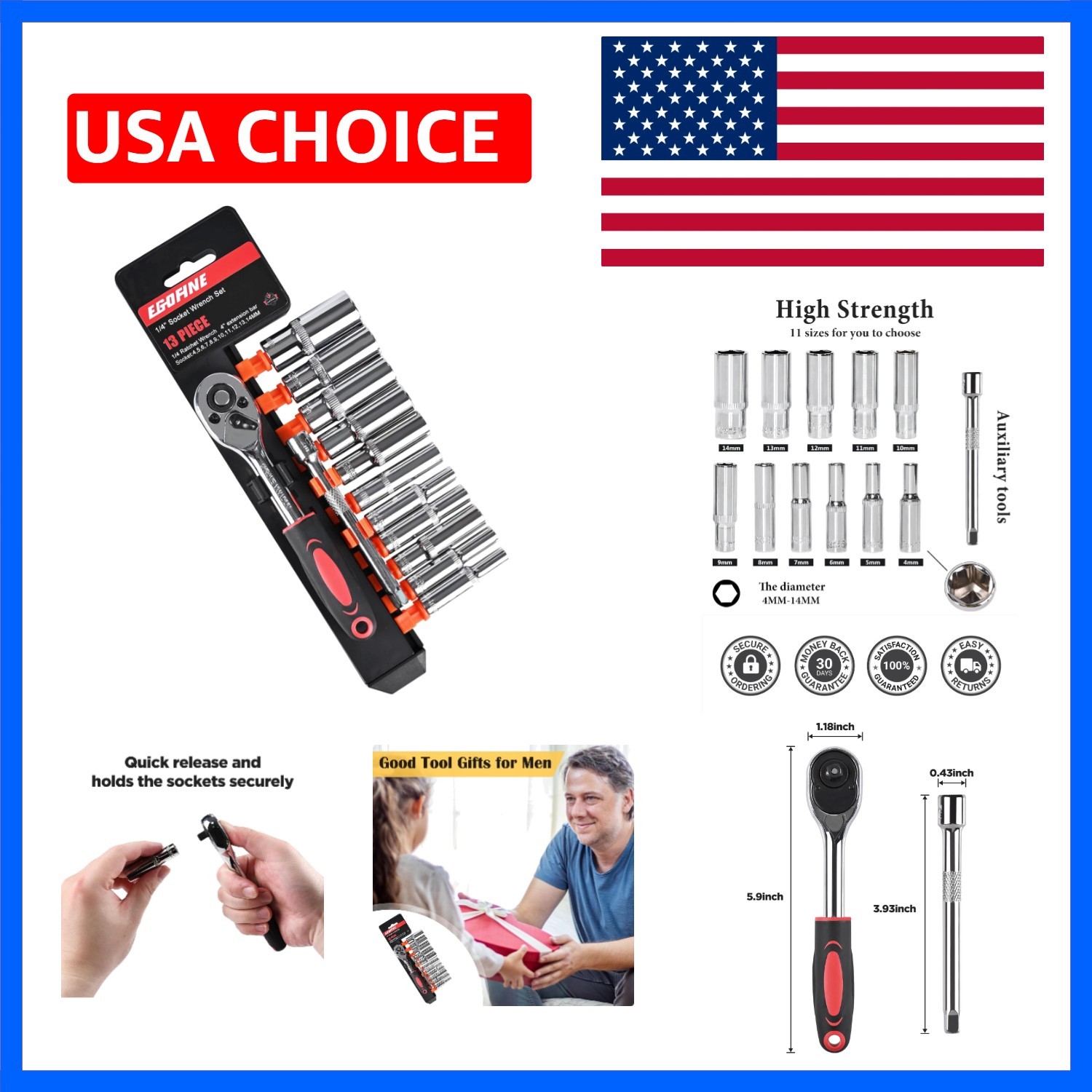 13PCS 1/4″ Drive Deep Socket Set,Metric4-14MM,6-Point, Cr-V Steel