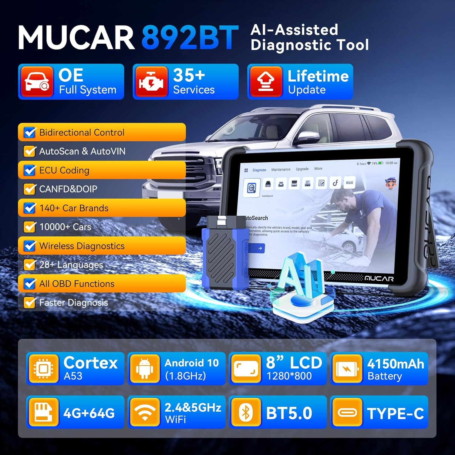 MUCAR 892BT Car System Bidirectional Scanner AI Diagnostic Tool 35+Services FREE