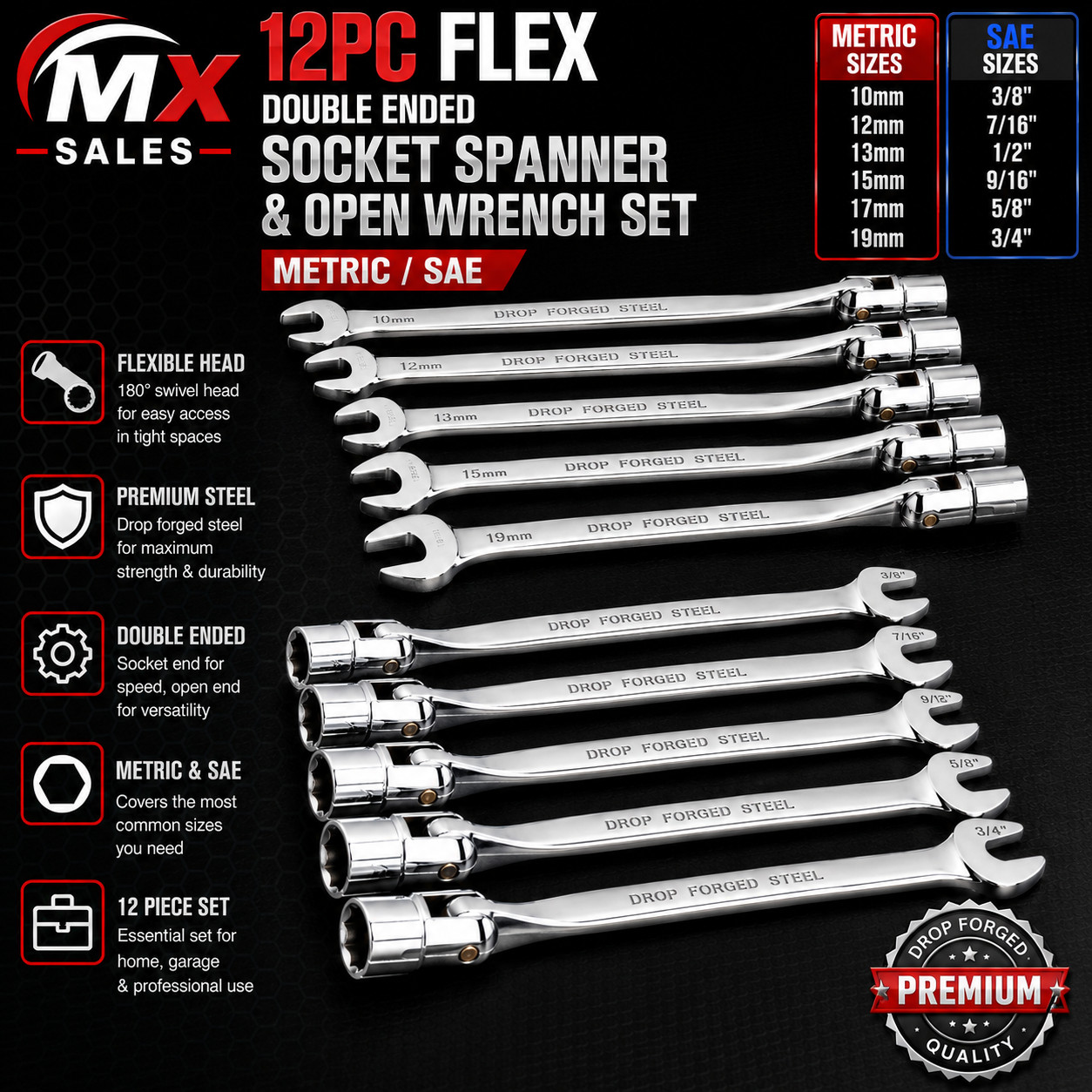 12PC Flex Flexible Head Double Ended Socket Spanner & Open Wrench Set Metric/SAE