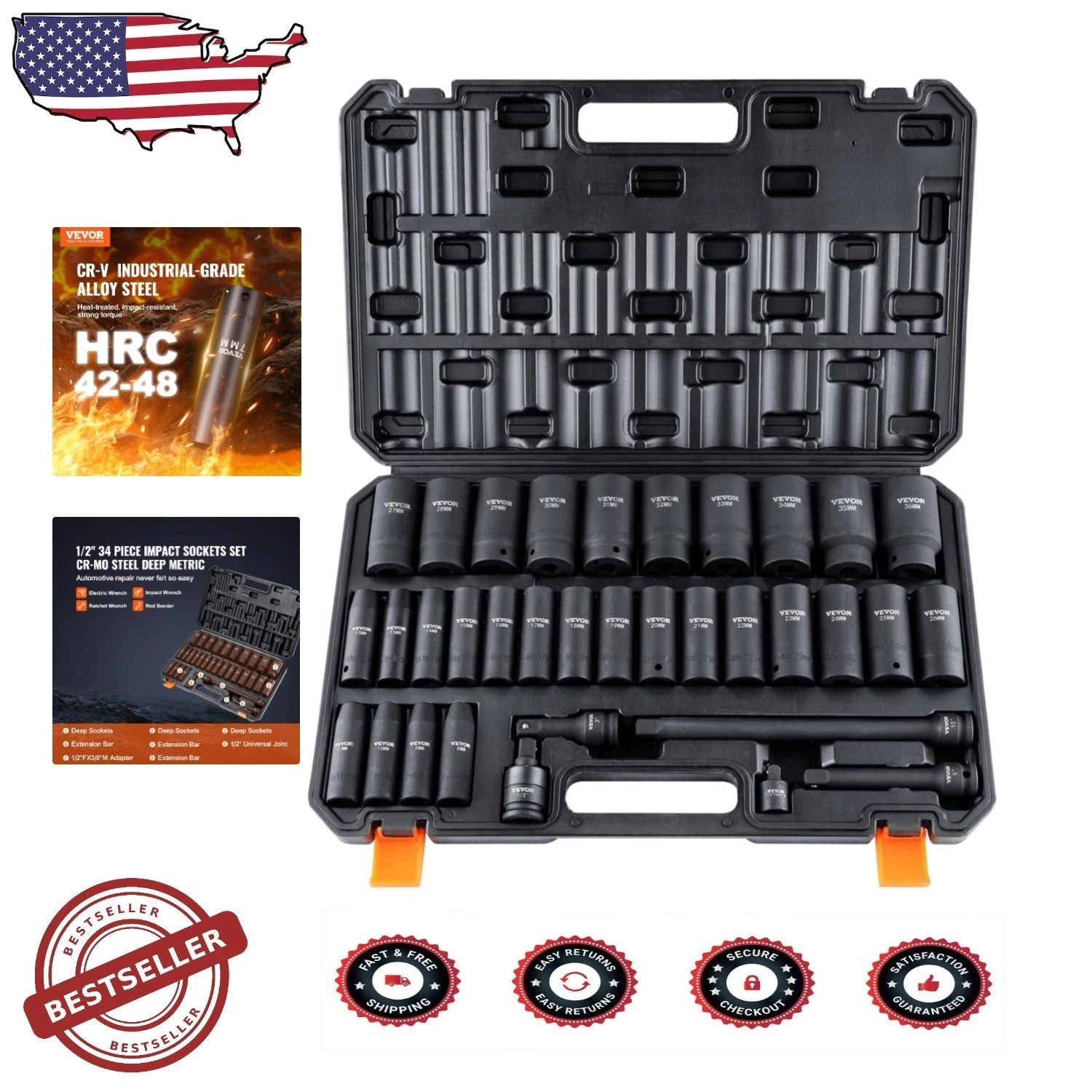 1/2″ Drive Impact Socket Set, 34pc Cr-Mo Alloy, 8-36mm Metric, Durable Case