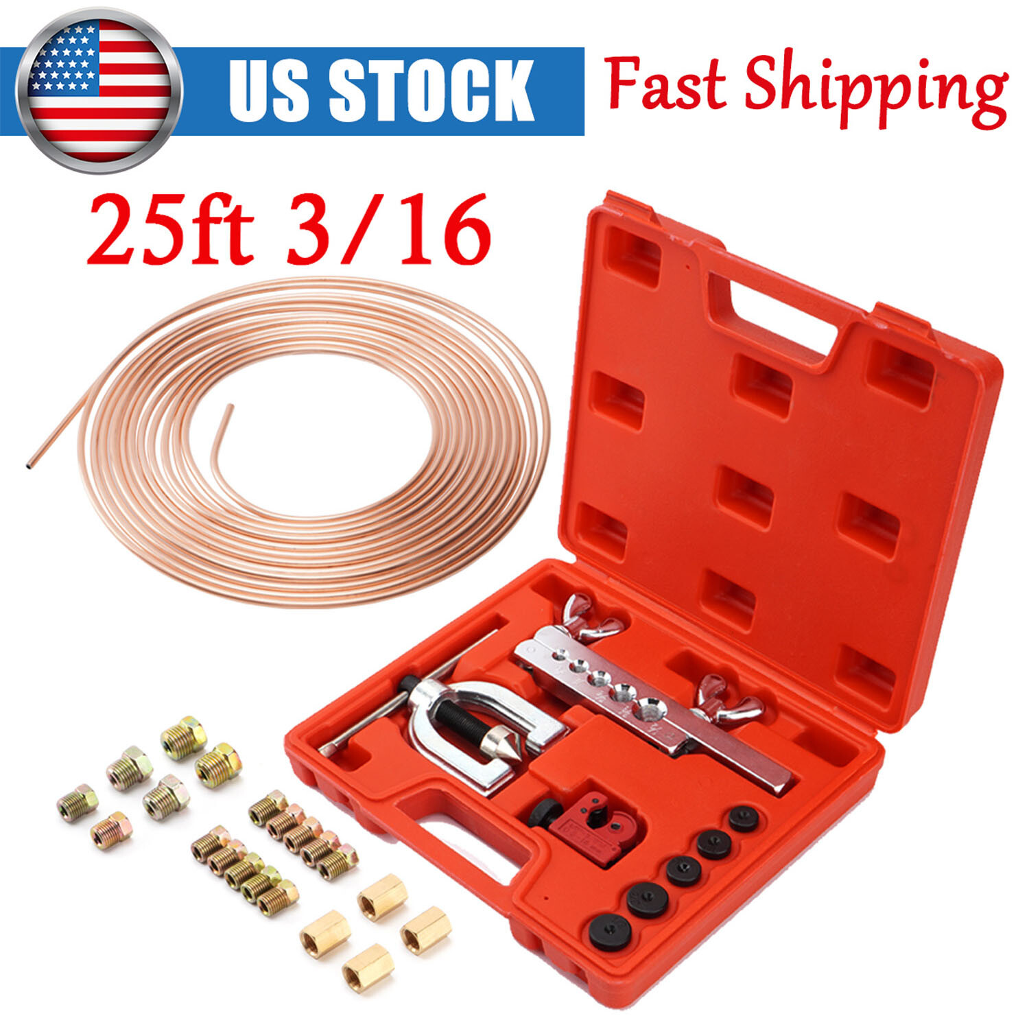 Brake Line Pipe Repair Kit 3/16 25ft Copper Pipe & Flaring Tool 20 Nuts Fittings