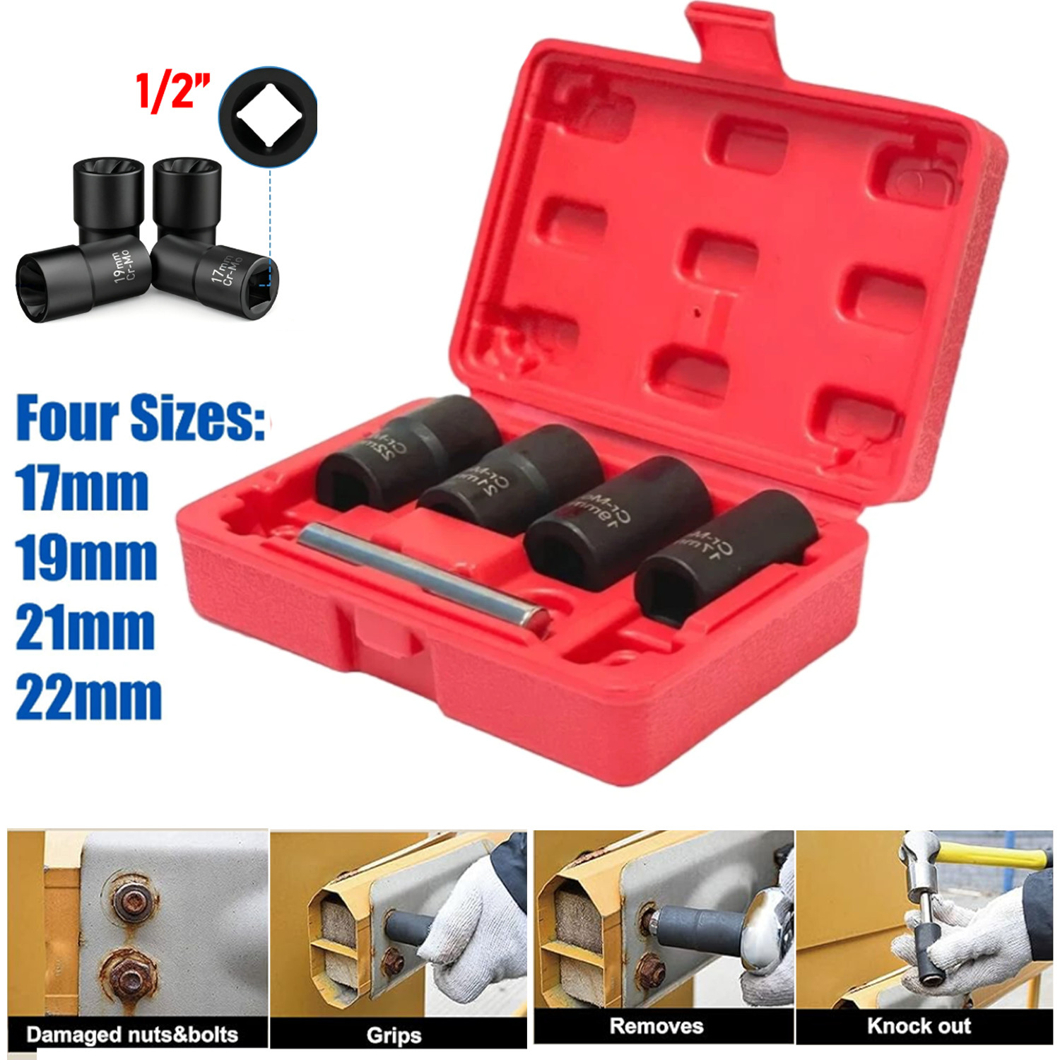 5Pc 1/2″ Twist Socket Drive Wheel Lug Nut Damaged,Stripped Remover 17 19 21 22mm