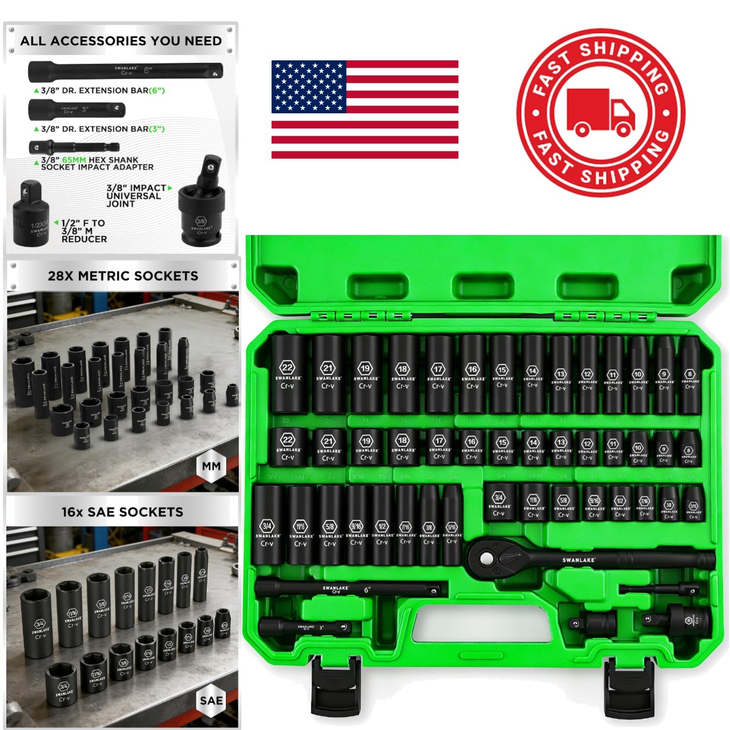 3/8 Inch Drive Impact Socket Set 50 Piece SAE and Metric Chrome Vanadium Steel