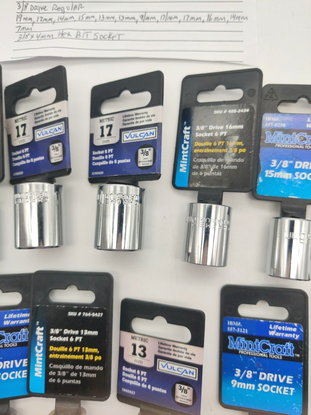 14pc Assorted Lot of 3/8″ Drive Sockets, Metric Deep Well, Regular and Hex Bit