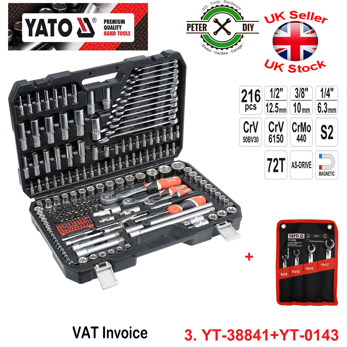 SOCKET SET 1/2 1/4 3/8 RATCHET Tools Toolbox (216+4pcs) YATO YT-38841+YT-0143