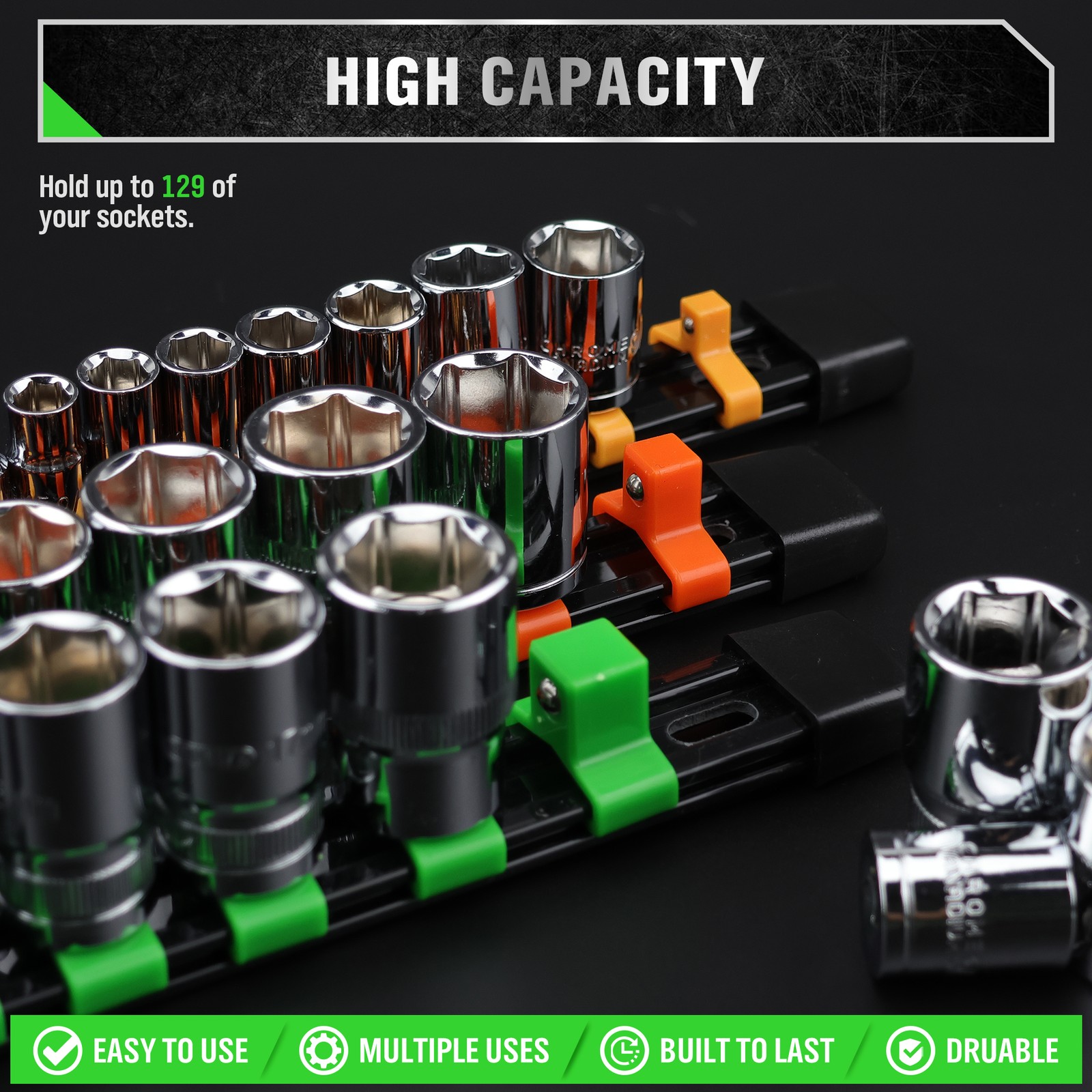 9PC Socket Organizer Holder Tool Storage Rail Rack 1/4″ 3/8″ 1/2″ Industrial 14″