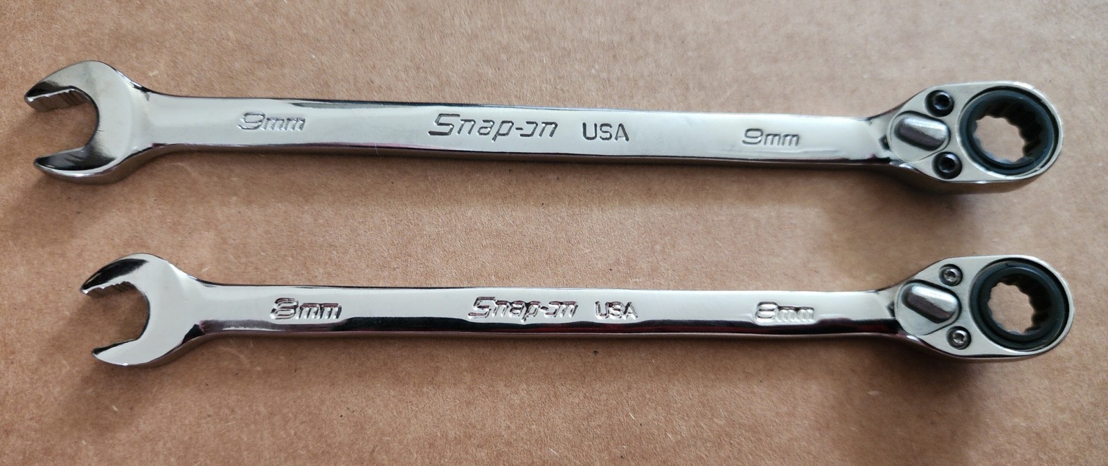 Snap-On 8 & 9mm 12-Pt Flank Dr Reversible Ratcheting Combination Wrench SOXRRM8A