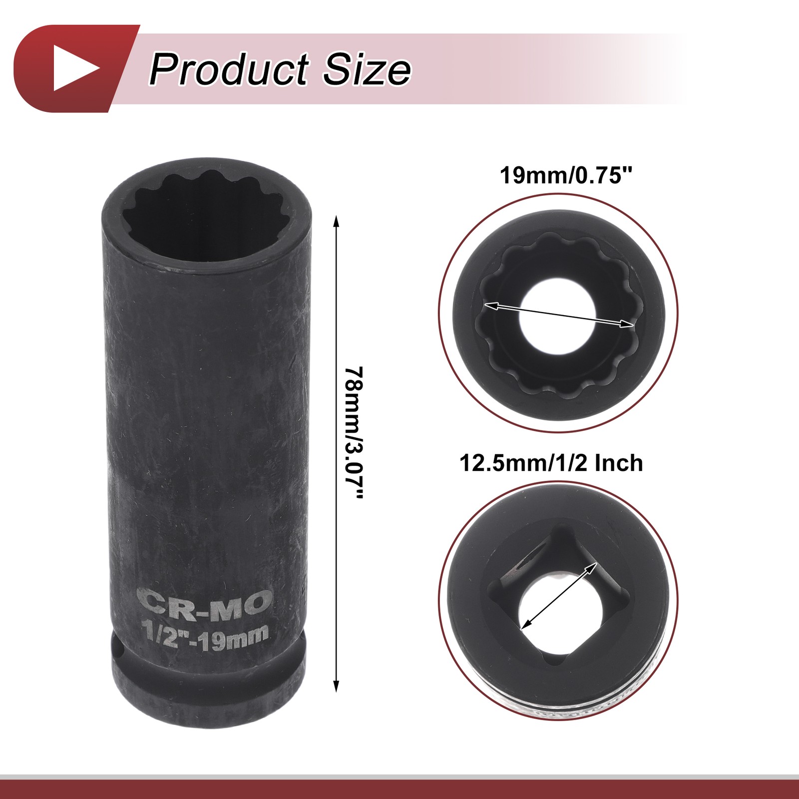 Universal 1/2 Inch Drive Impact Socket 19mm 12 Point High Carbon Steel 1 Pcs
