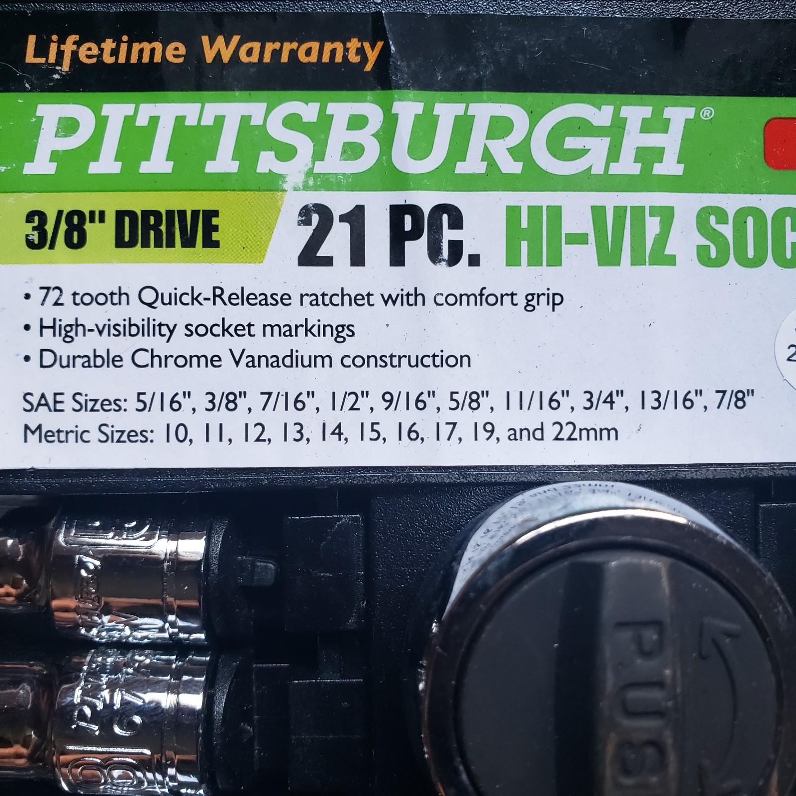 Pittsburgh 21-piece high-visibility 3/8″ drive SAE and metric socket set.