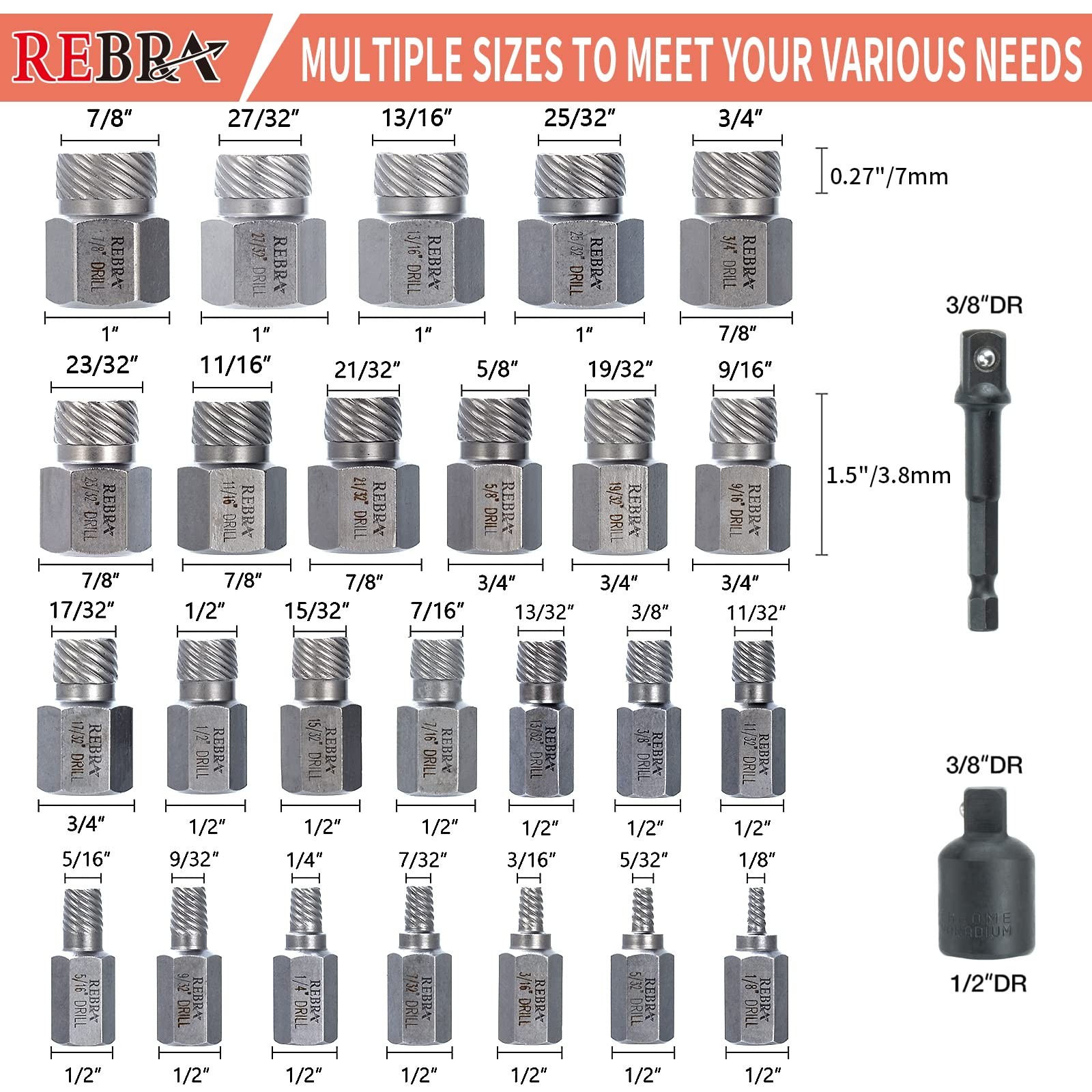 REBRA 27-Pieces Screw Extractor Set, 3/8″ Inch Impact Double Head 27-pieces