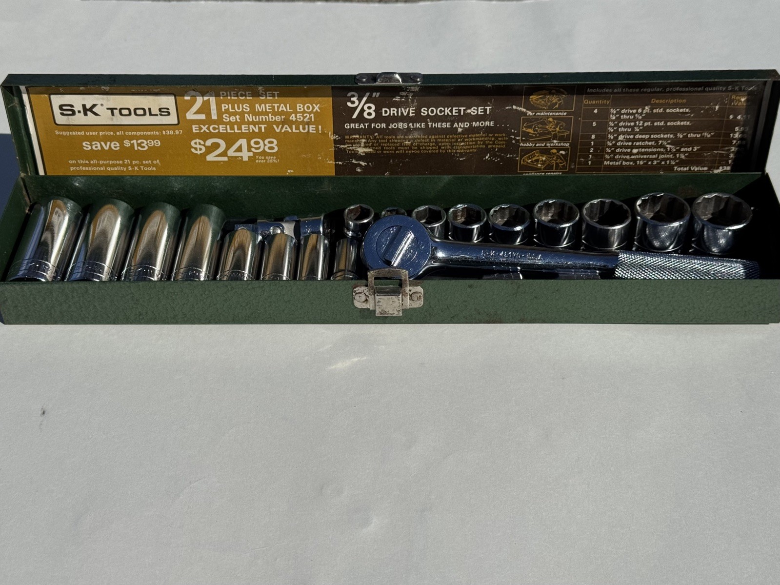Vintage S-K / S-K Wayne 3/8 Drive Ratchet Socket Set #4521 SAE USA Complete 21pc
