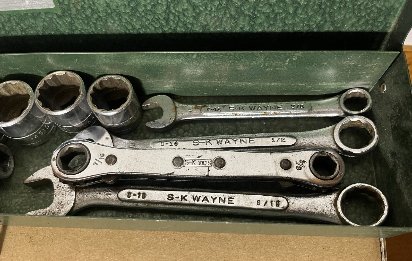 Misc – SK Tools – Green Socket Set Case w/ Sockets + Wayne Wrenches USED