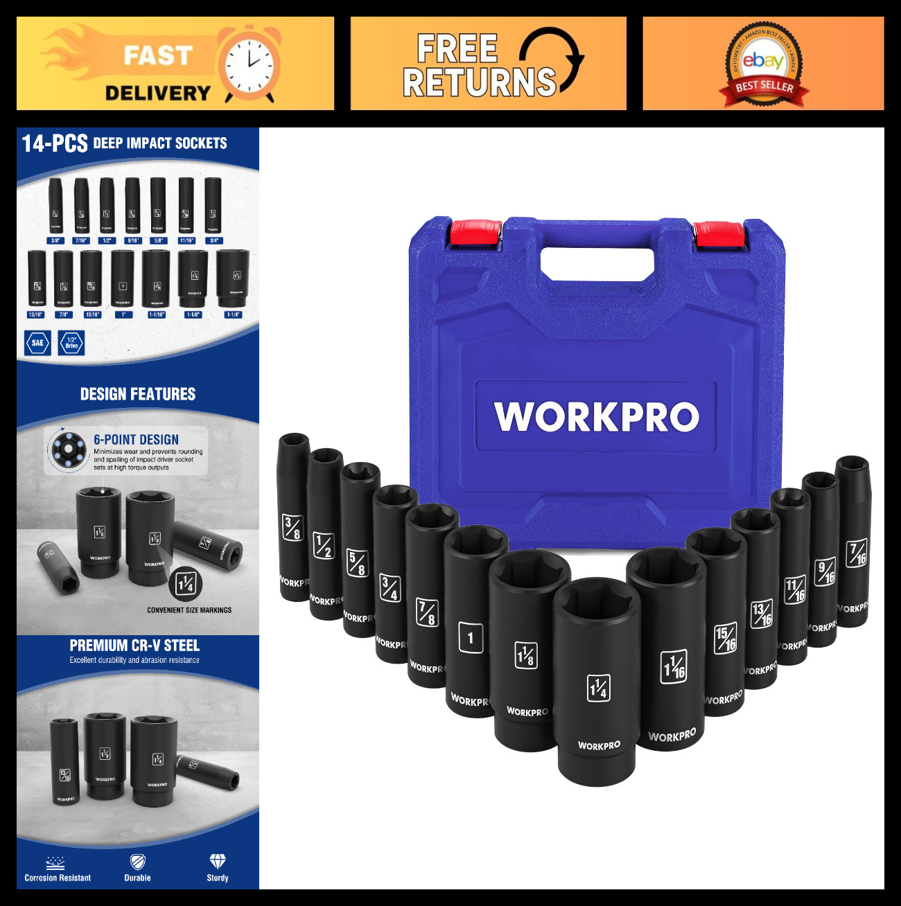 14-Piece 1/2″ Drive Deep Impact Socket Set, 6-Point Cr-V Steel, Heavy Duty Case