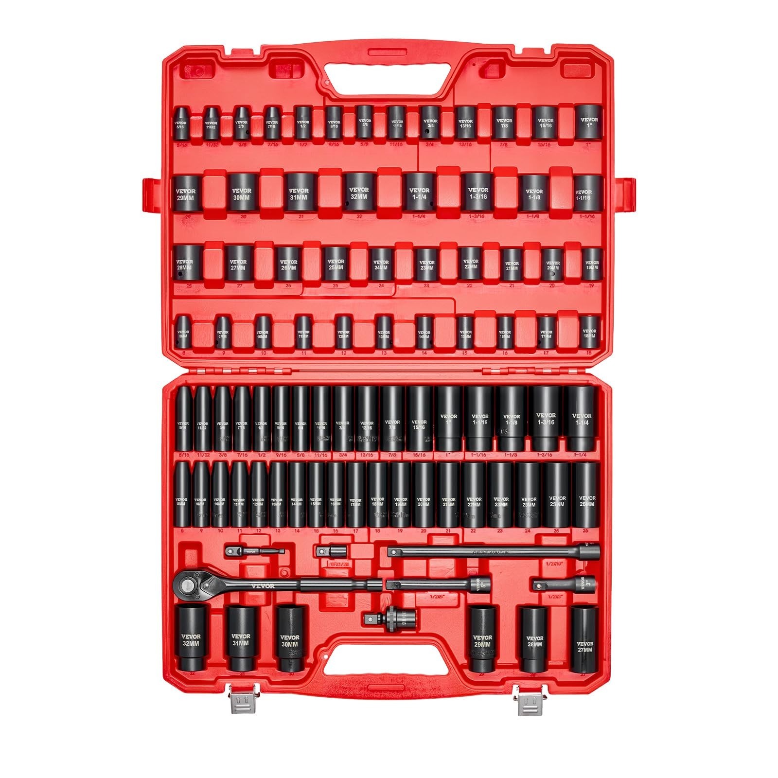 91-Piece 1/2″ Drive Impact Socket Set – SAE & Metric, Deep/Shallow, Ratchet, Ext