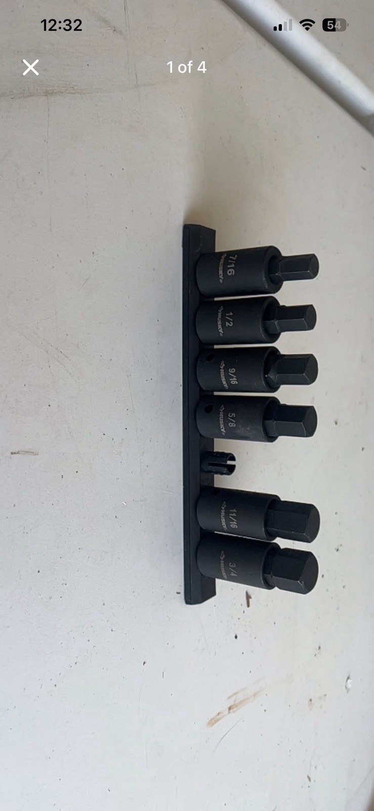 Black Husky hex bit socket set has 7/16, 1/2, 9/16, 5/8, 11/16, and 3/4 inch