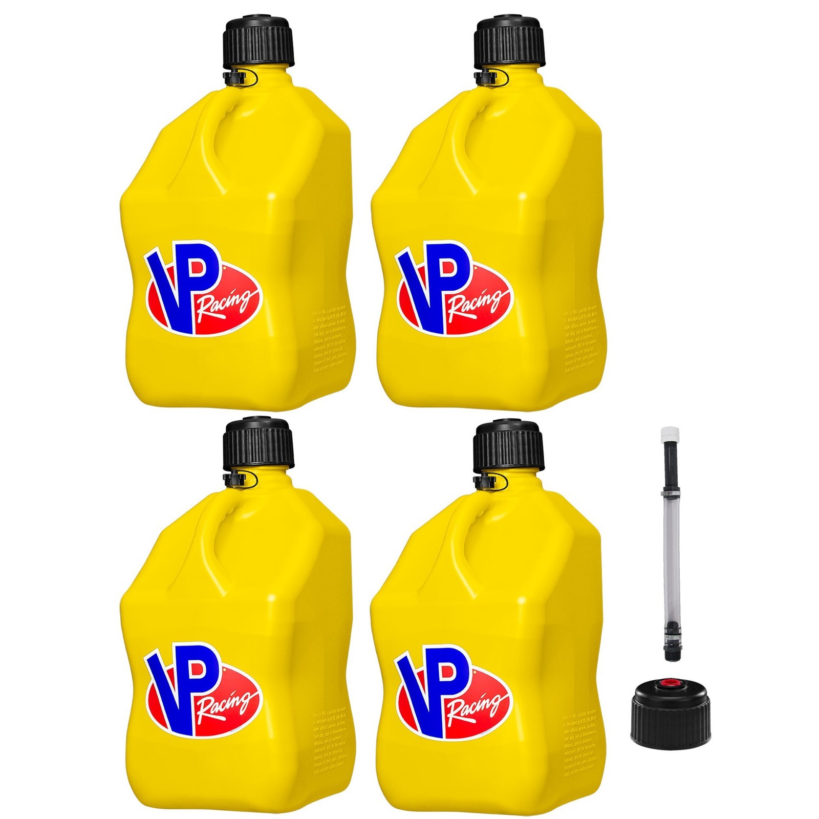 VP Racing Square Fuel Jug 5 Gallon Yellow x 4 – With Spare Cap and Filler Hose