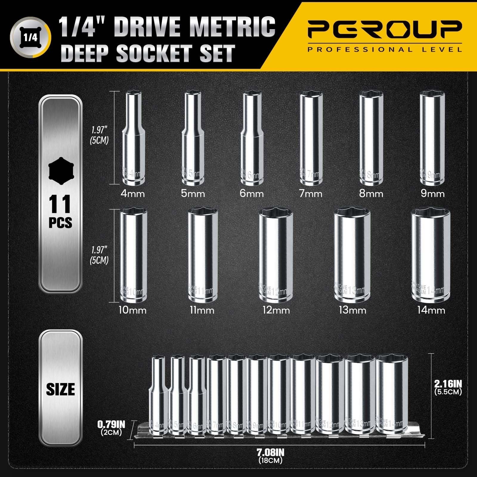 11PCS 1/4″ Drive Deep Socket Set, Metric 4mm-14mm, 6-Point, Chrome Vanadium, Sto