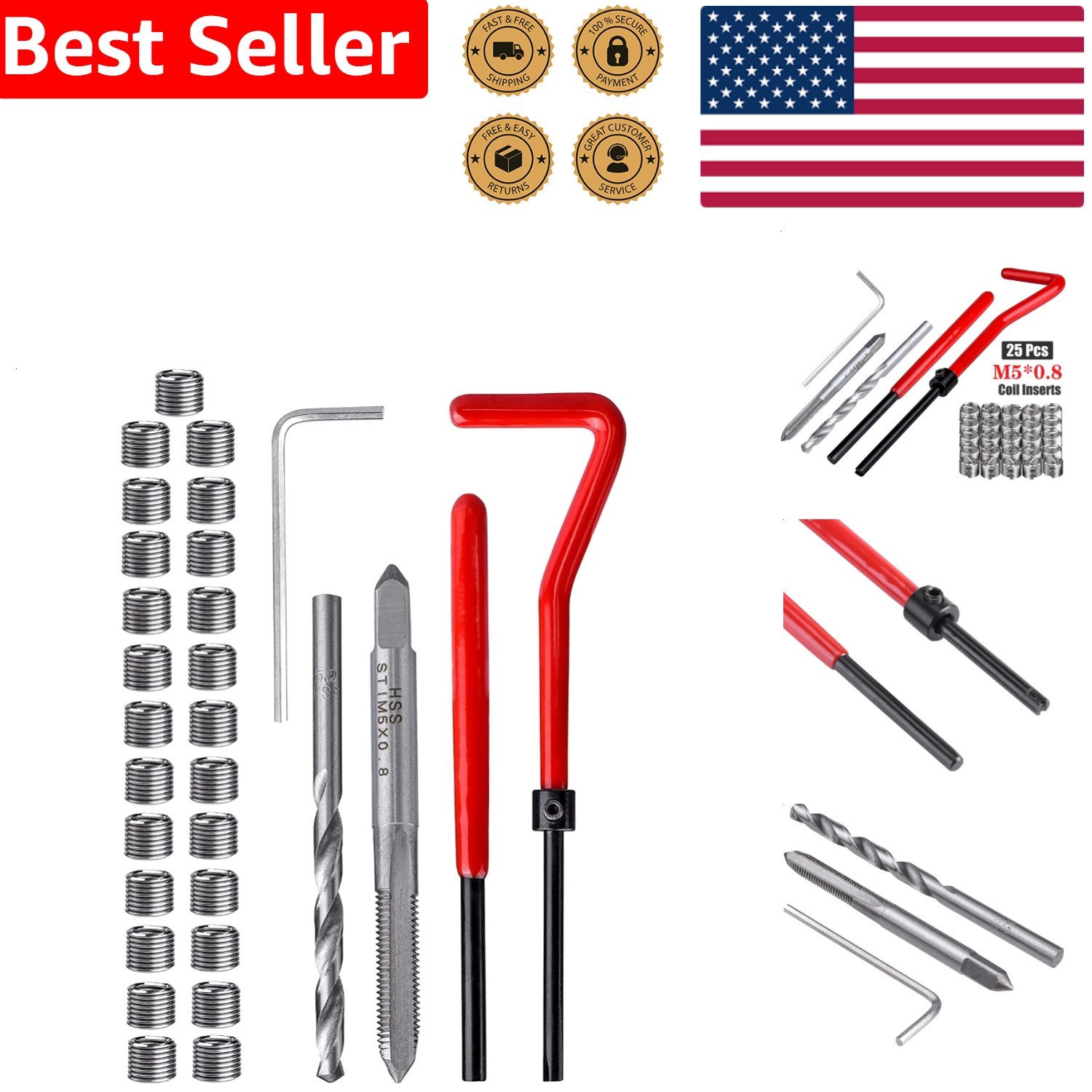 M5 x 0.8mm Thread Repair Kit, 30pc Stainless Steel Inserts, Helicoil Compatib…