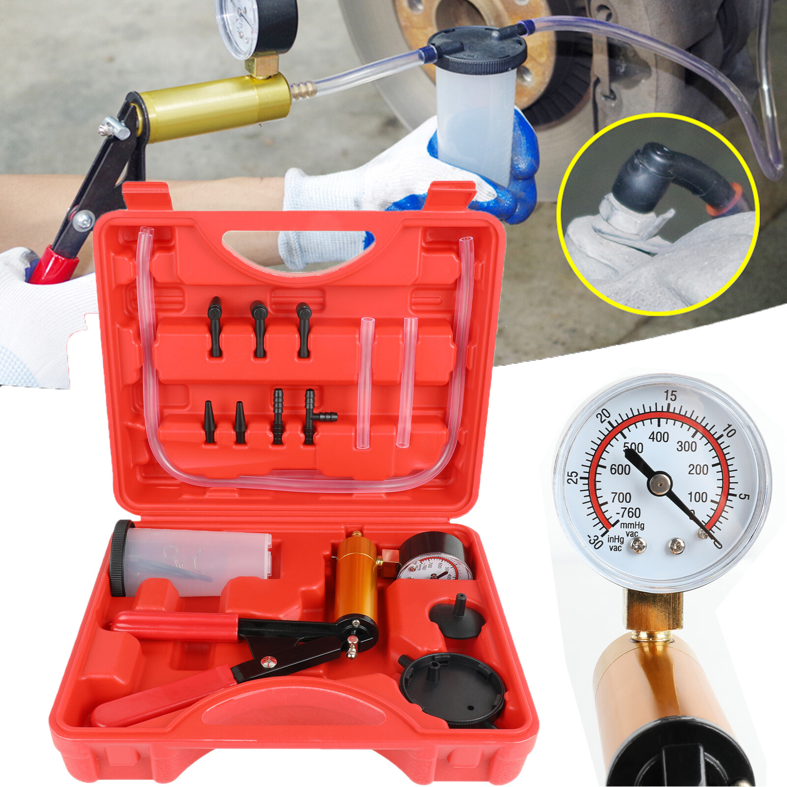 Hand Held Vacuum Pump Pressure Tester Car Brake Fluid Bleeder Bleeding Tool Set
