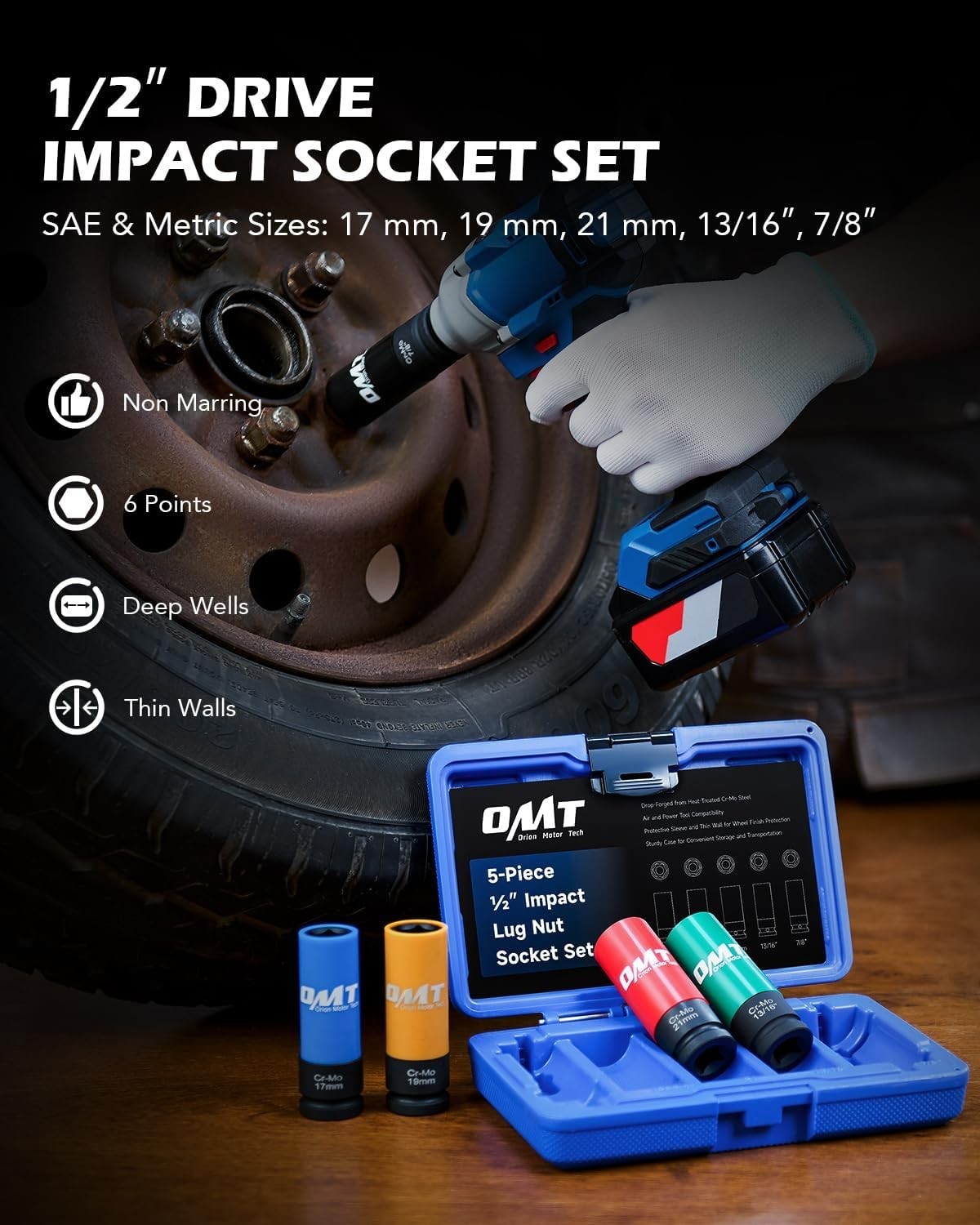 1/2″ Drive Lug Nut Socket Set, Metric 17 19 21 mm & SAE 13/16 7/8 in. Wheel S…