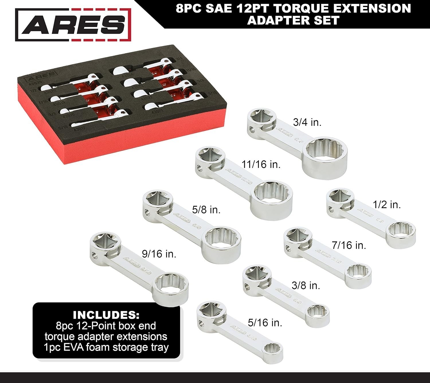 ARES 43035 8-Piece SAE 12-Point Box End Torque Adapter Extension Set – 3/8-drive