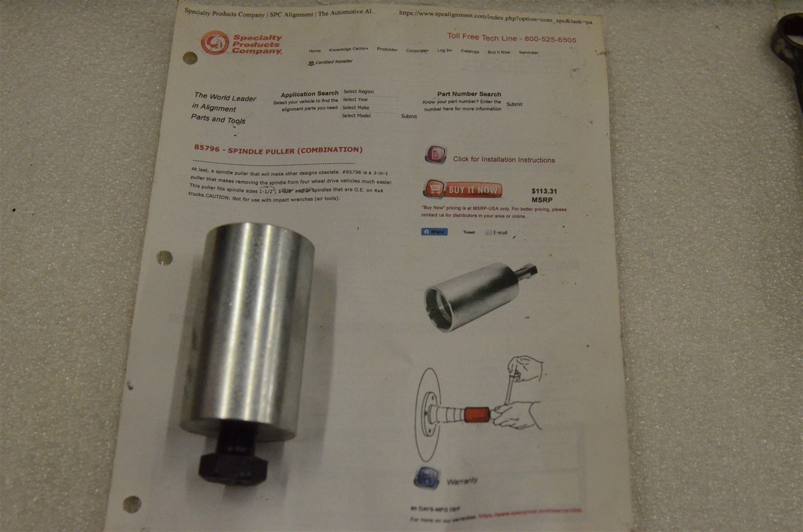 Specialty Products Company 85799 Spindle Puller for 1 1/2″ Spindle New Old Stock