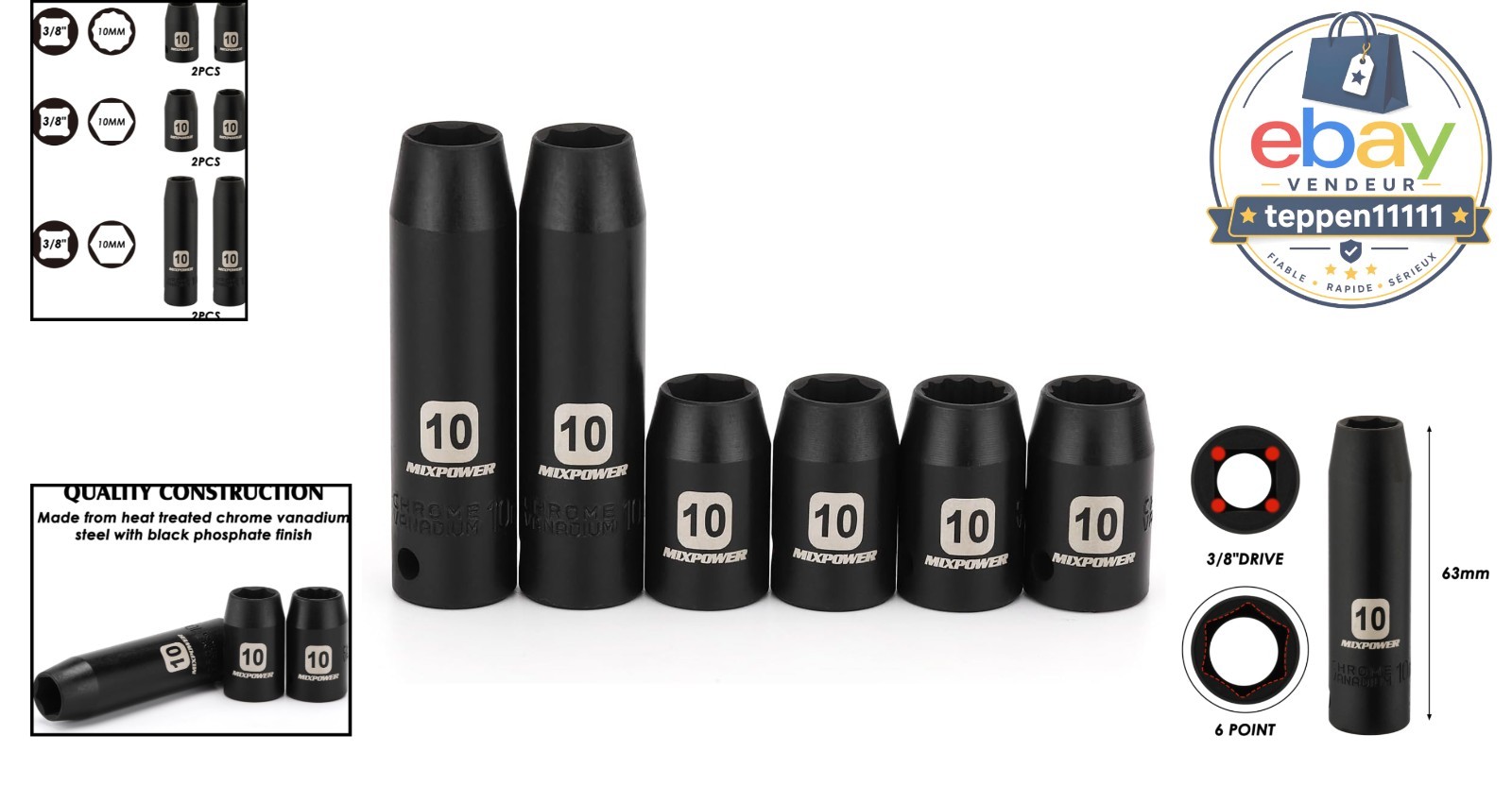 10mm Deep Shallow Socket 6PCS 3/8″ Drive 6 Point 12 Point CR-V