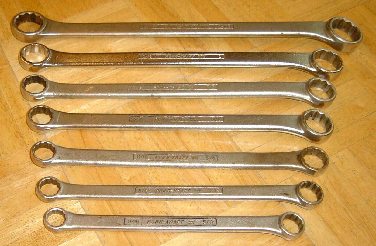 POWR-KRAFT TOOLS VINTAGE 7 PIECE SAE. BOX-END WRENCH SET 9/16 TO 1-1/8