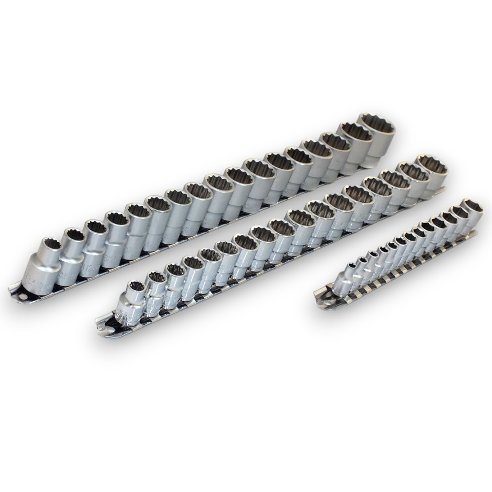 47pc Crv 1/4″ 3/8″ 1/2″ Dr Metric Sockets Set Size 4mm – 30mm With Storage Rails