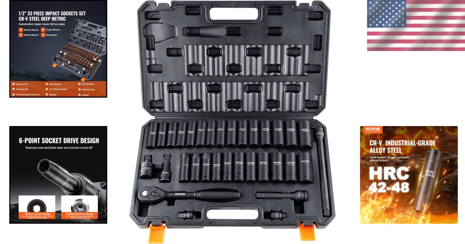 33-Piece Impact Socket Set 1/2″ Drive – CR-V Steel, Ideal for Automotive
