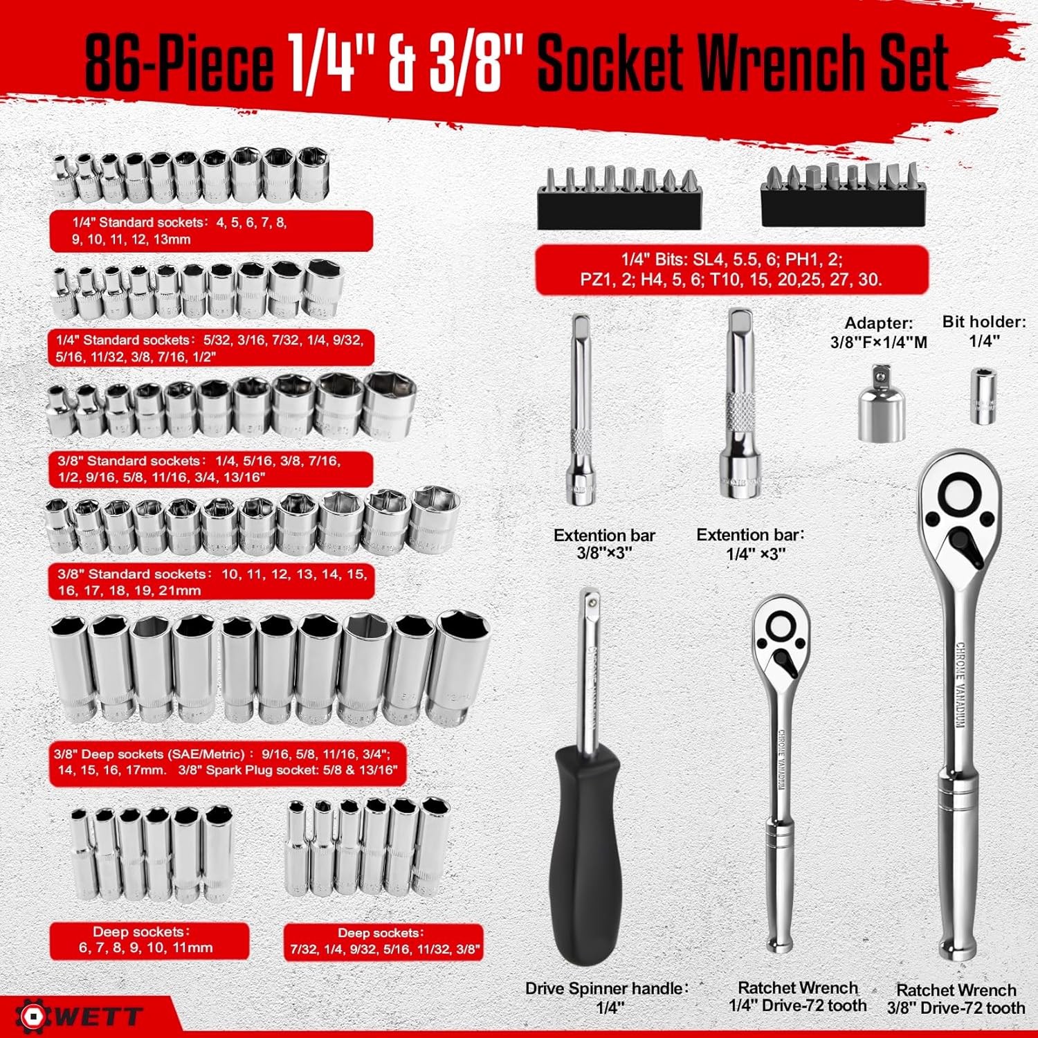 86pcs 1/4″ and 3/8” Drive Impact Socket Set with Adapters 6-Point SAE/Metric