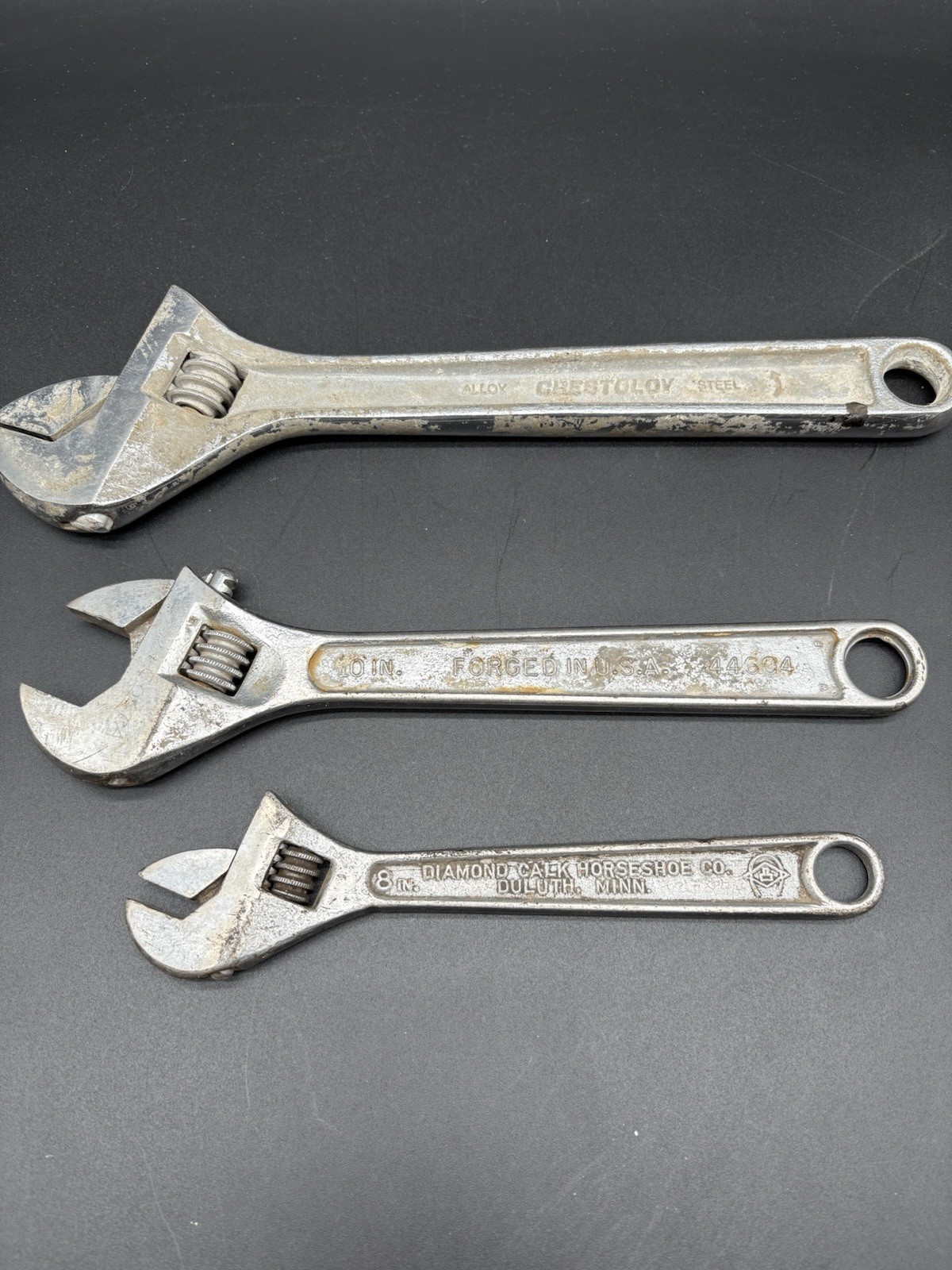 Vintage Adjustable Wrenches Lot 3 pc Crescent Craftsman Diamond Calk 8-12″ USA
