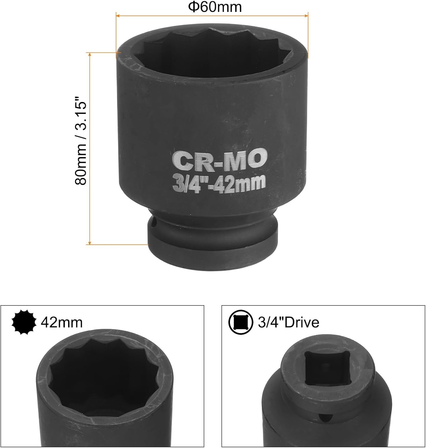 3/4-Inch Drive 12 Point Impact Socket 42mm Metric Spindle Axle Nut Socket Dri…