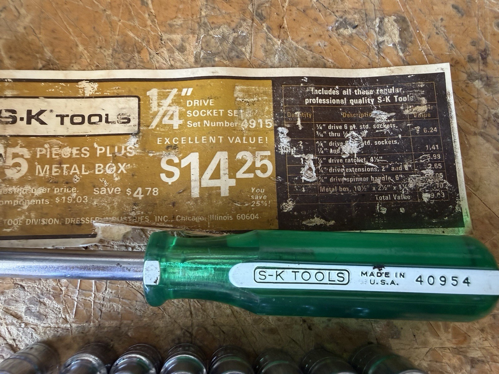 S-K Tools No. 4915 1/4” Drive Socket Set All S-K USA Green Spinner Handle