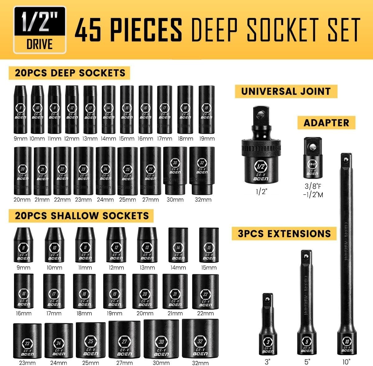 Pro-Grade 45 PCS Metric Impact Socket Set – High Torque for Auto Mechanics