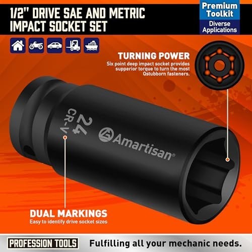 29-Piece 1/2″ Drive Impact Socket Set – 6 Point Cr-V Steel Sockets & Ratchet Han
