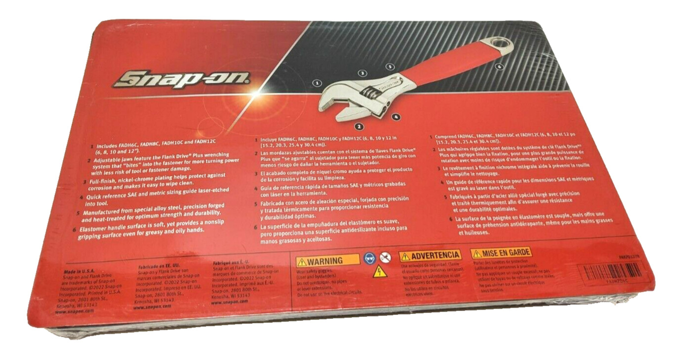 NEW Snap-on™ 6″ 8″ 10″ 12″ Red Flank Drive Plus Adjustable Wrench Set FADH704C