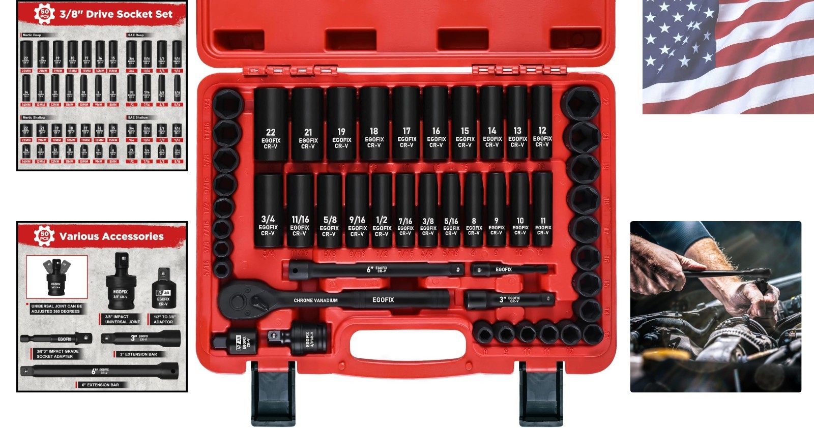 Durable 50-Piece 3/8″ Drive Impact Socket Set – SAE/Metric with Organizer