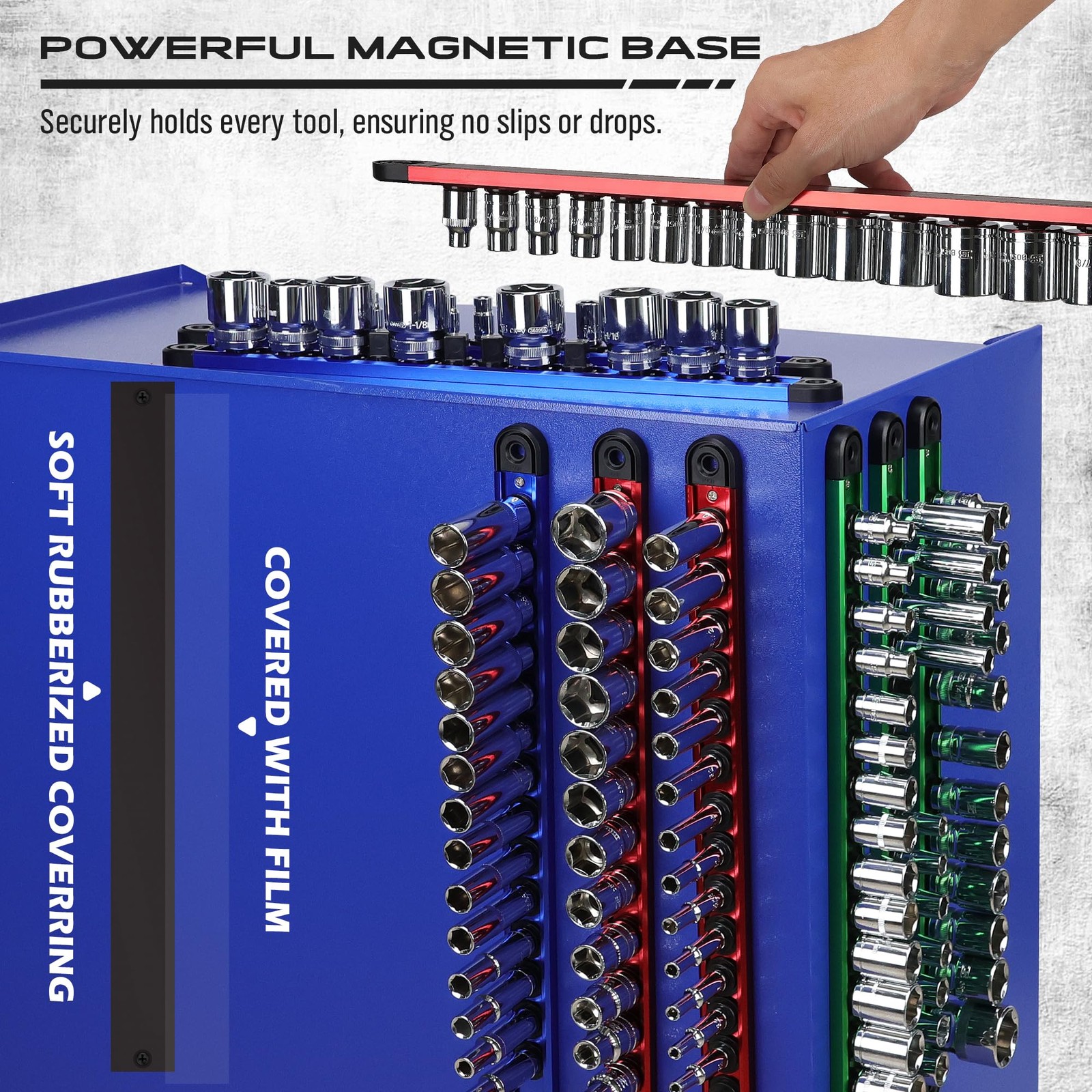 Magnetic Socket Holder Organizer Set: 9-Piece 1/2,1/4,3/8, Blue Red Green