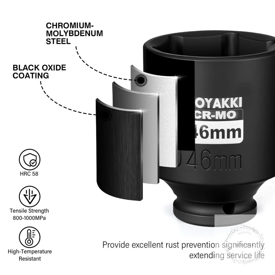 1/2″ Drive x 46 mm Deep 6 PT Impact Socket, CR-MO, 1/2-inch Drive 6 Point Axle