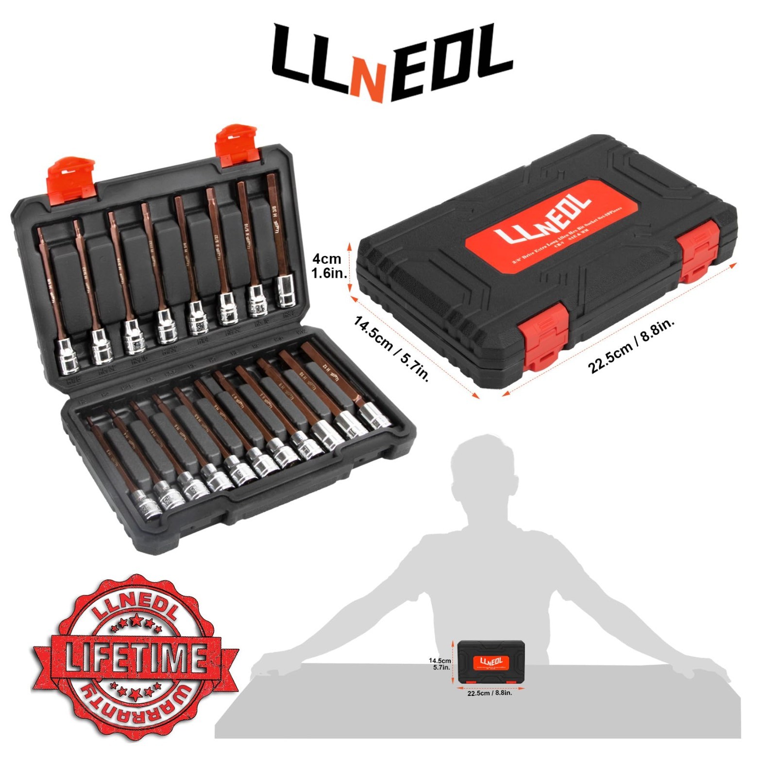 19-Piece Long Allen Hex Bit Socket Set, 3/8″ Drive, SAE & Metric Sockets, Durabl
