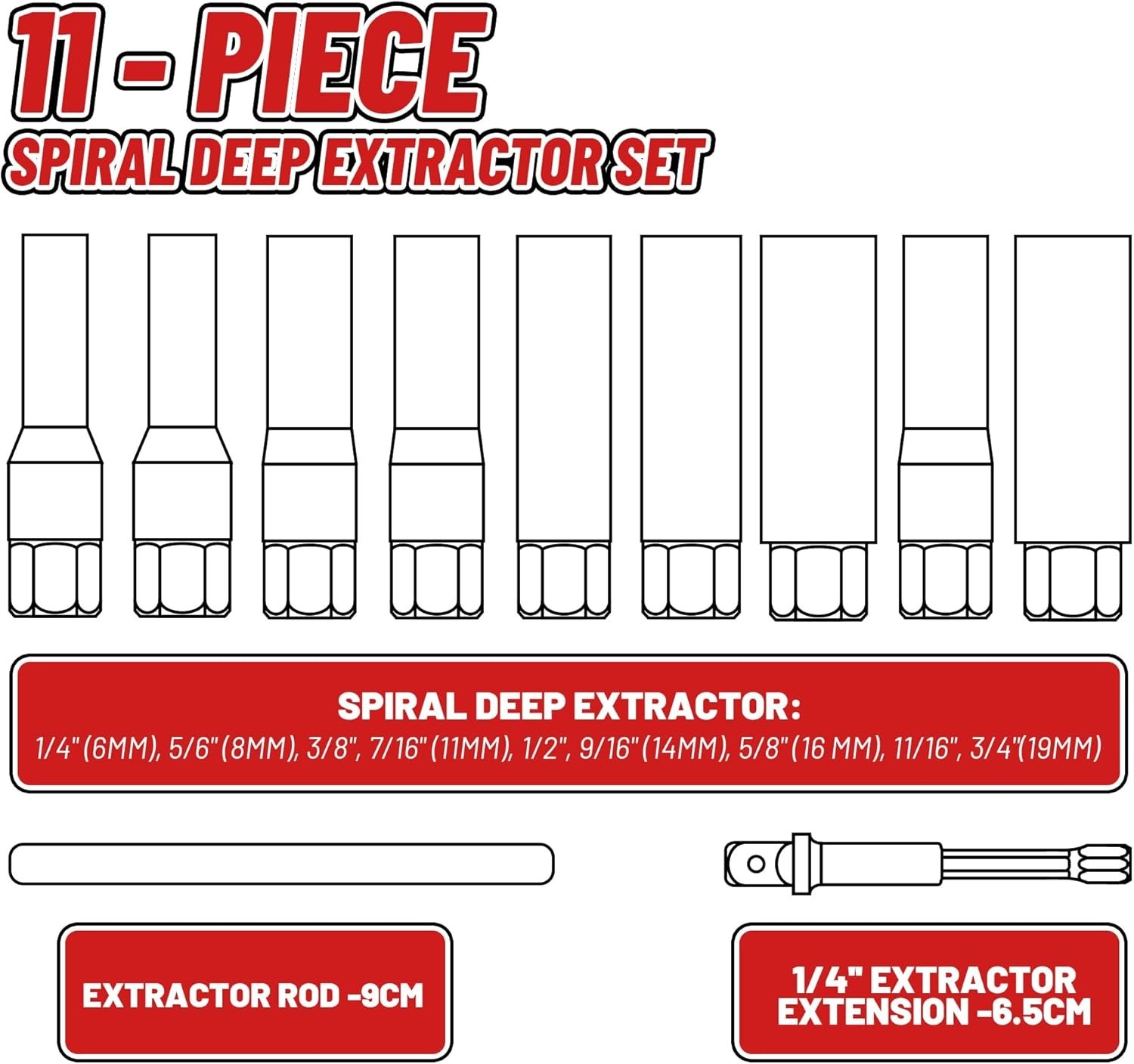 Bolt Extractor Kit for Deep Well Bolt, 11 Pcs Lug Nut Extractor Set, Deep Socket