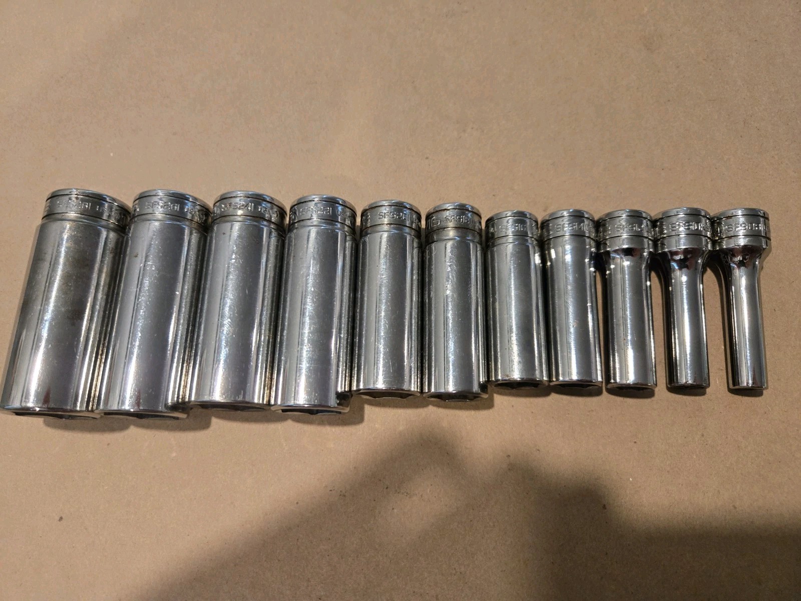 Snap On 3/8″ Drive 1/4″-7/8″ 6PT SAE Deep Chrome Sockets USA With Rack Lot Of 11