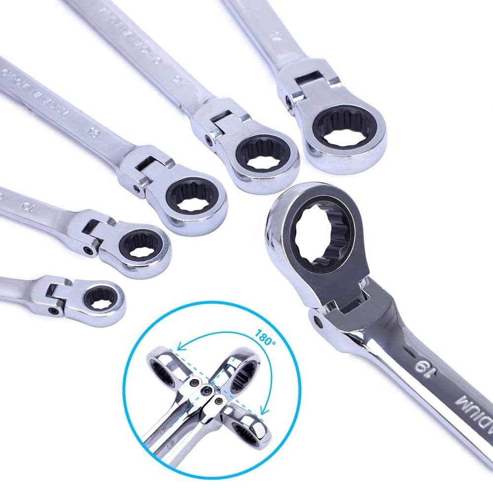 6PCS Extra Long Flexible Head Double Box Ratchet Ring Spanner Wrench Set 8-19mm