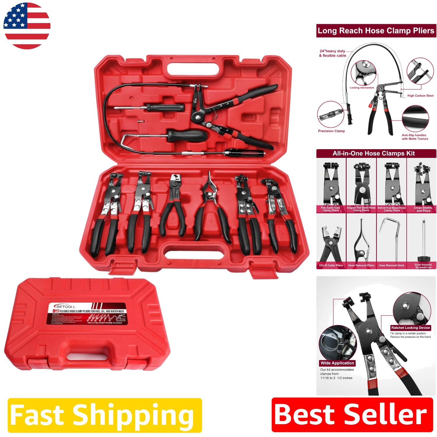Professional 9pc Hose Clamp Pliers: Carbon Steel, Ergonomic Grip, Auto Repair