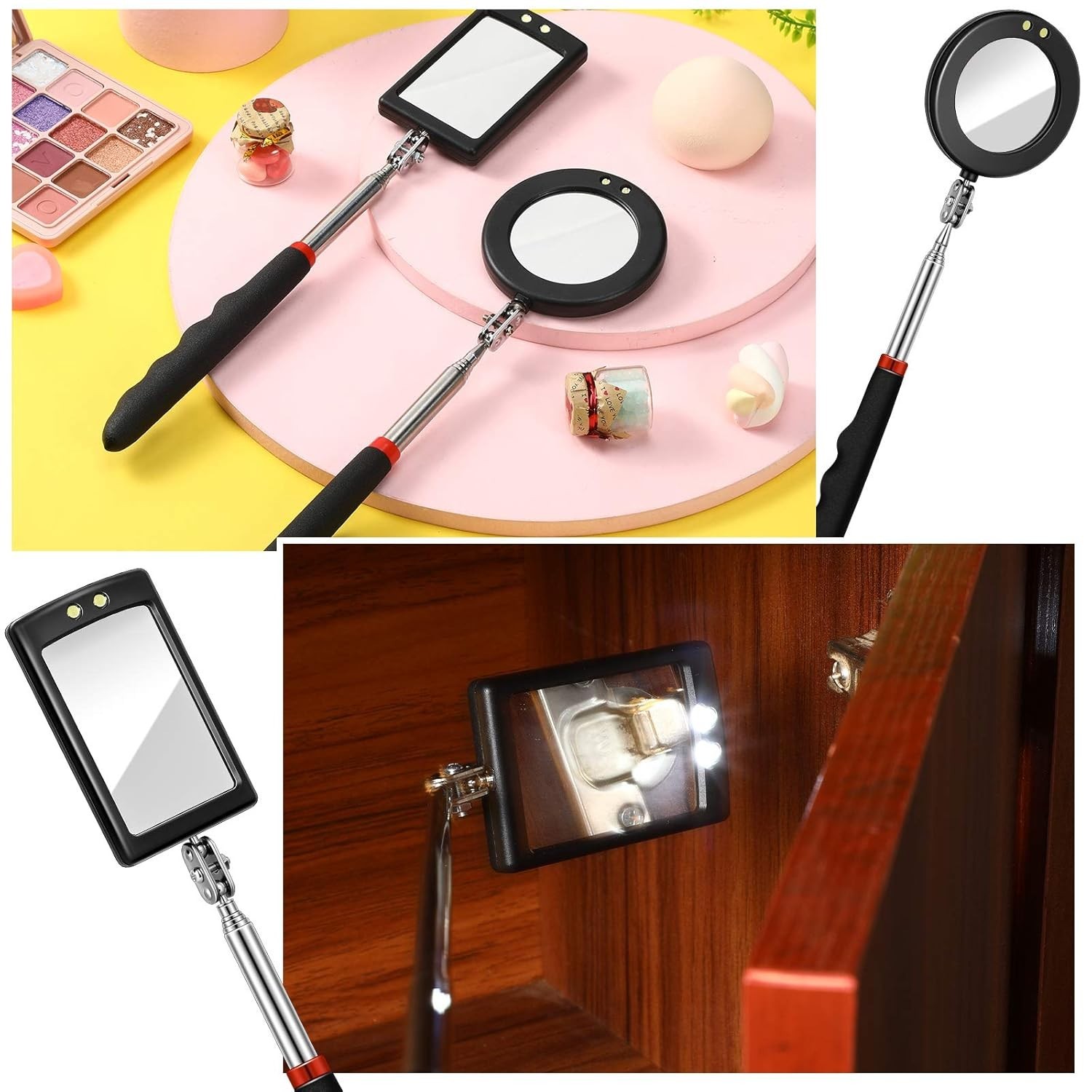 Compact 2-Piece Telescoping Inspection Mirrors with LED for Nighttime Visibility