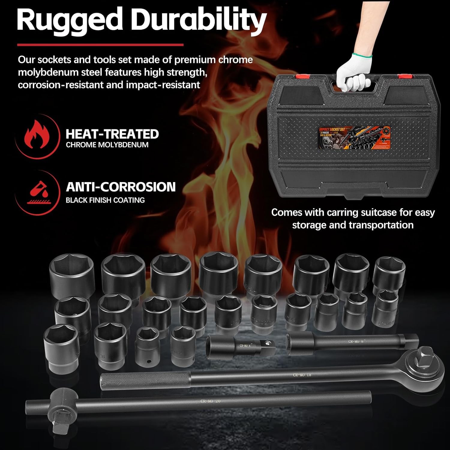 3/4″ Drive Deep Impact Socket Set 27Pcs SAE 7/8″-2″ Metric 22-50 MM Standard Kit
